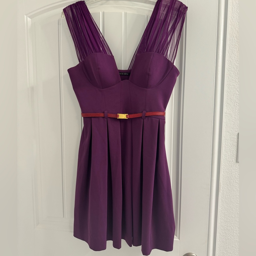 Black Halo Purple Pleated Skater Dress Mini Size 4